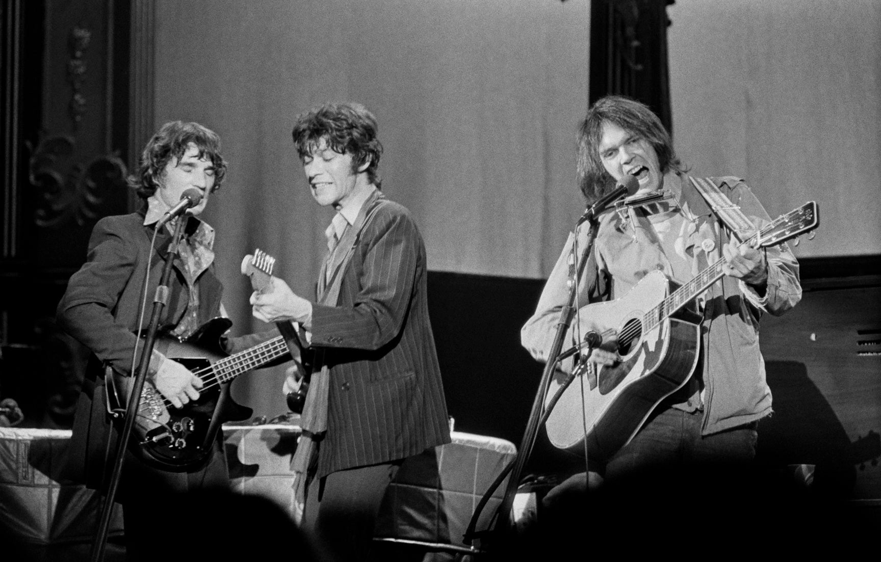 Rick Danko, Robbie Robertson, and Neil Young, The Last Waltz, Winterland Ballroom, San Francisco, CA, November 25, 1976. - Morrison Hotel Gallery